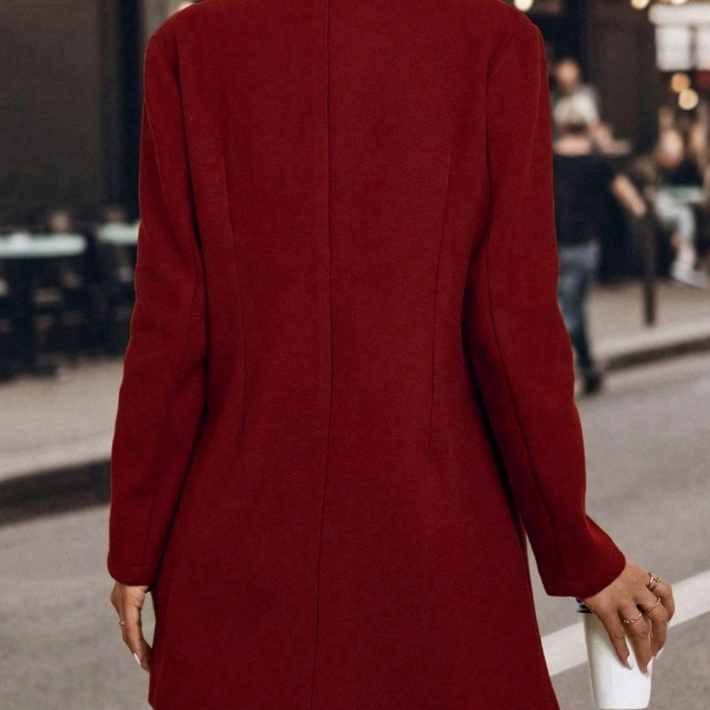 Solid Color Woolen Coat With Single Breasted Button - Picture 4 of 4